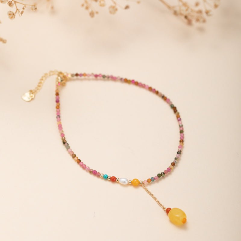 Bracelet de Cheville Tourmaline et Ambre – Joie Vibrante, Plaqué Or - Biloria