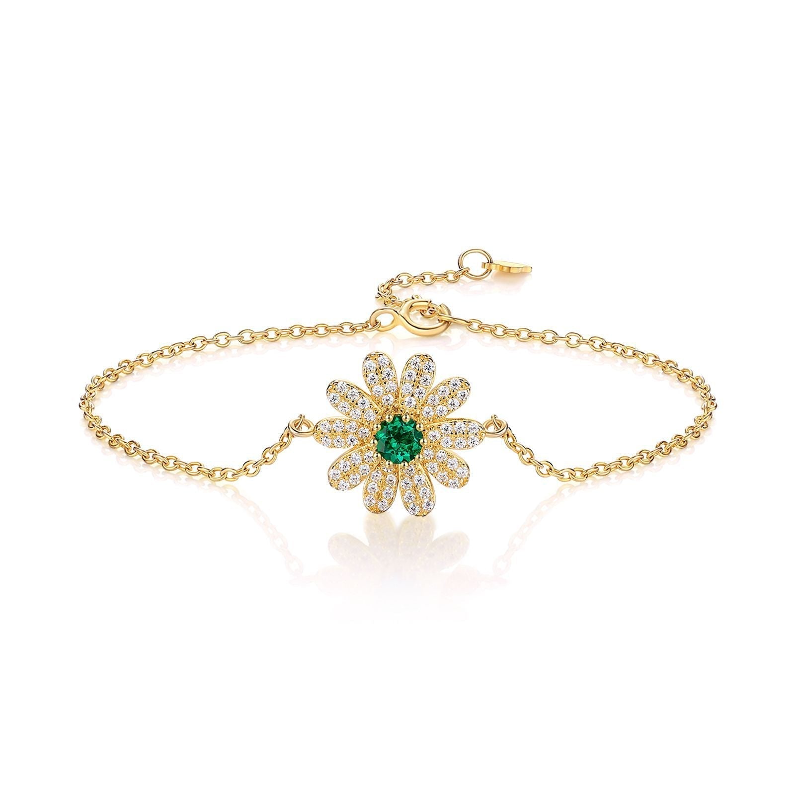 Bracelet Émeraude Zircon Fleur Argent Plaqué Or 18K - Biloria