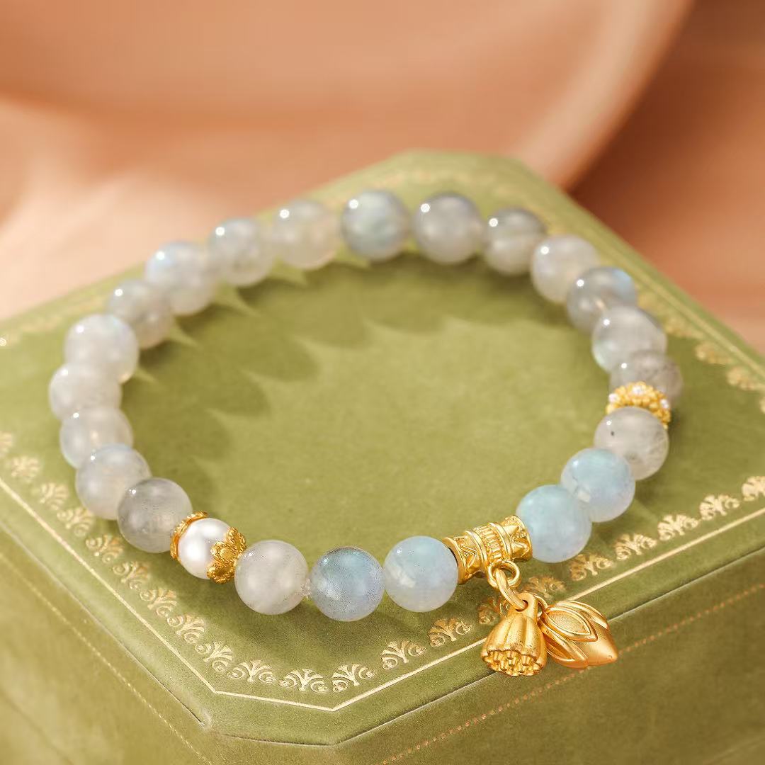 Bracelet en Labradorite et Perle d'Eau Douce avec Charms Lotus - Biloria