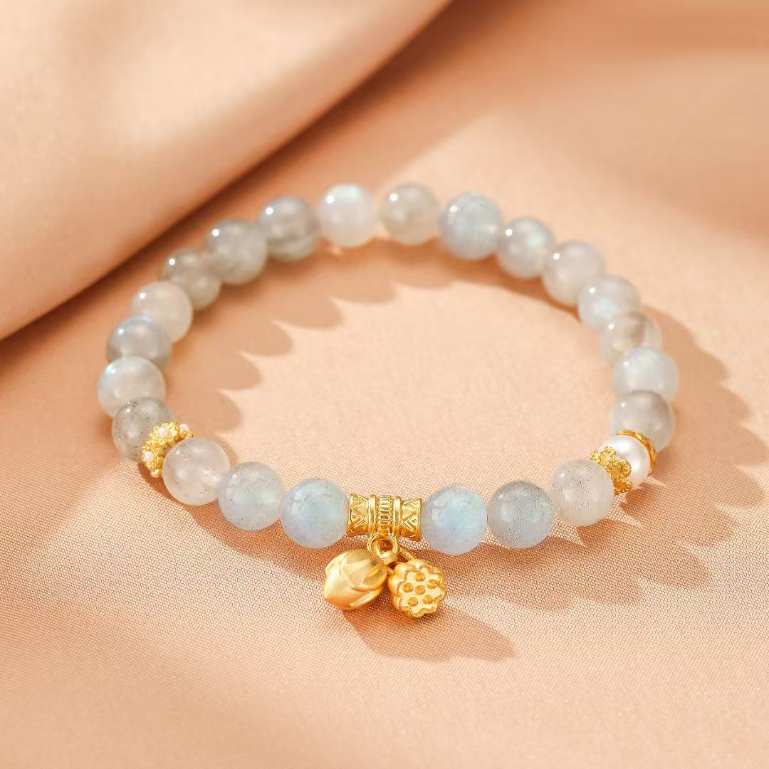 Bracelet en Labradorite et Perle d'Eau Douce avec Charms Lotus - Biloria
