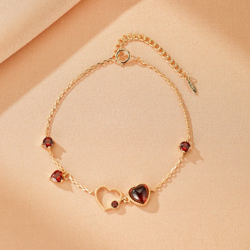 Bracelet Grenat Cœur Passionné en Argent Plaqué Or 14K - Biloria