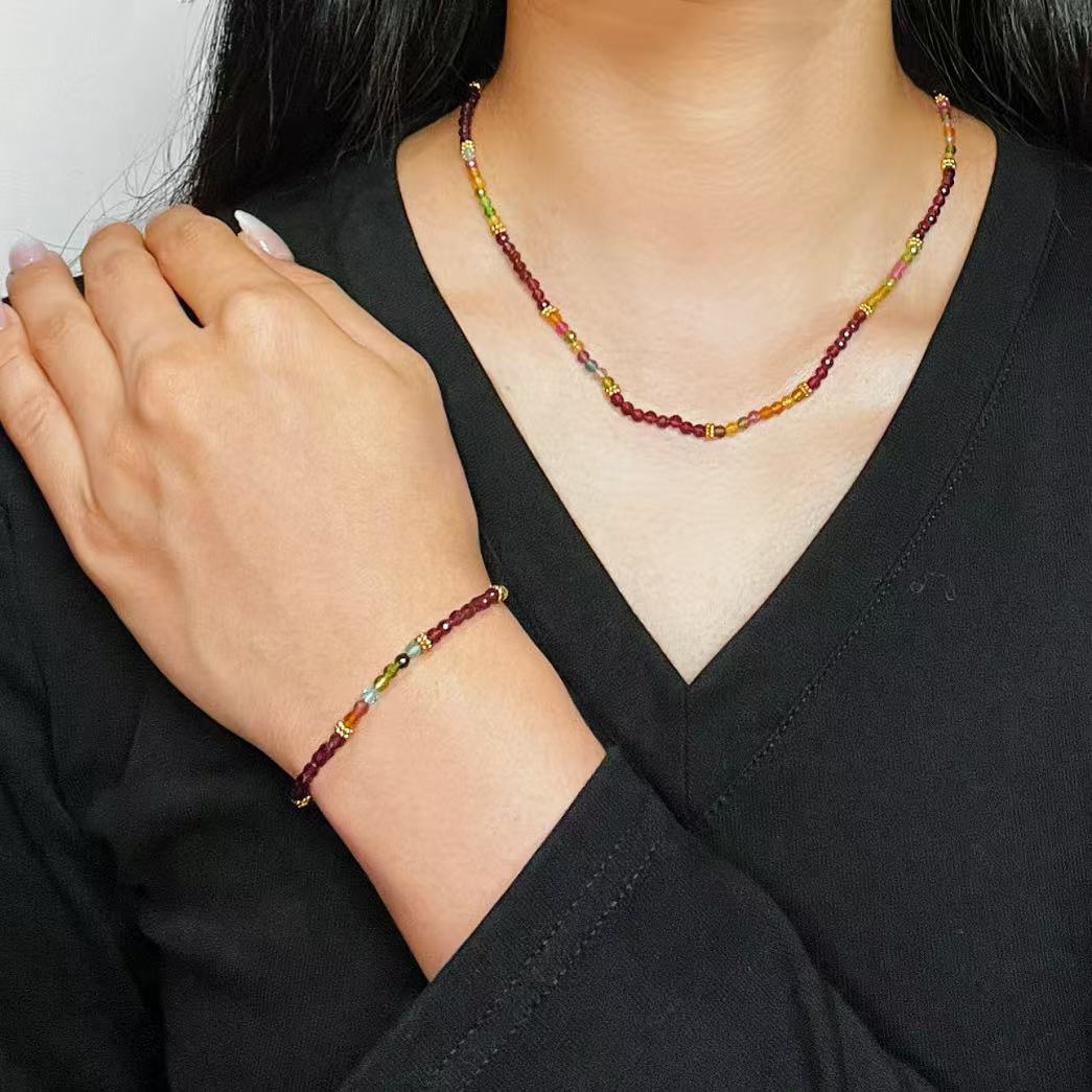 Bracelet Grenat Tourmaline Multicolore Argent Plaqué Or - Biloria