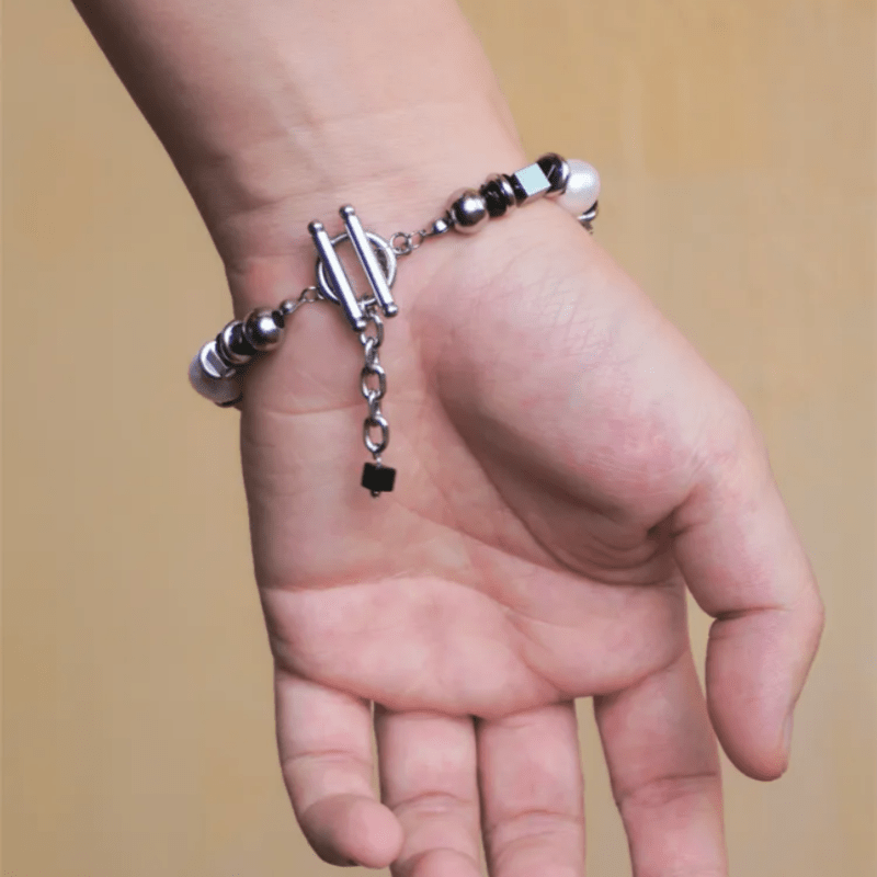 Bracelet Homme Acier Titane Perle et Agate Noire - Biloria