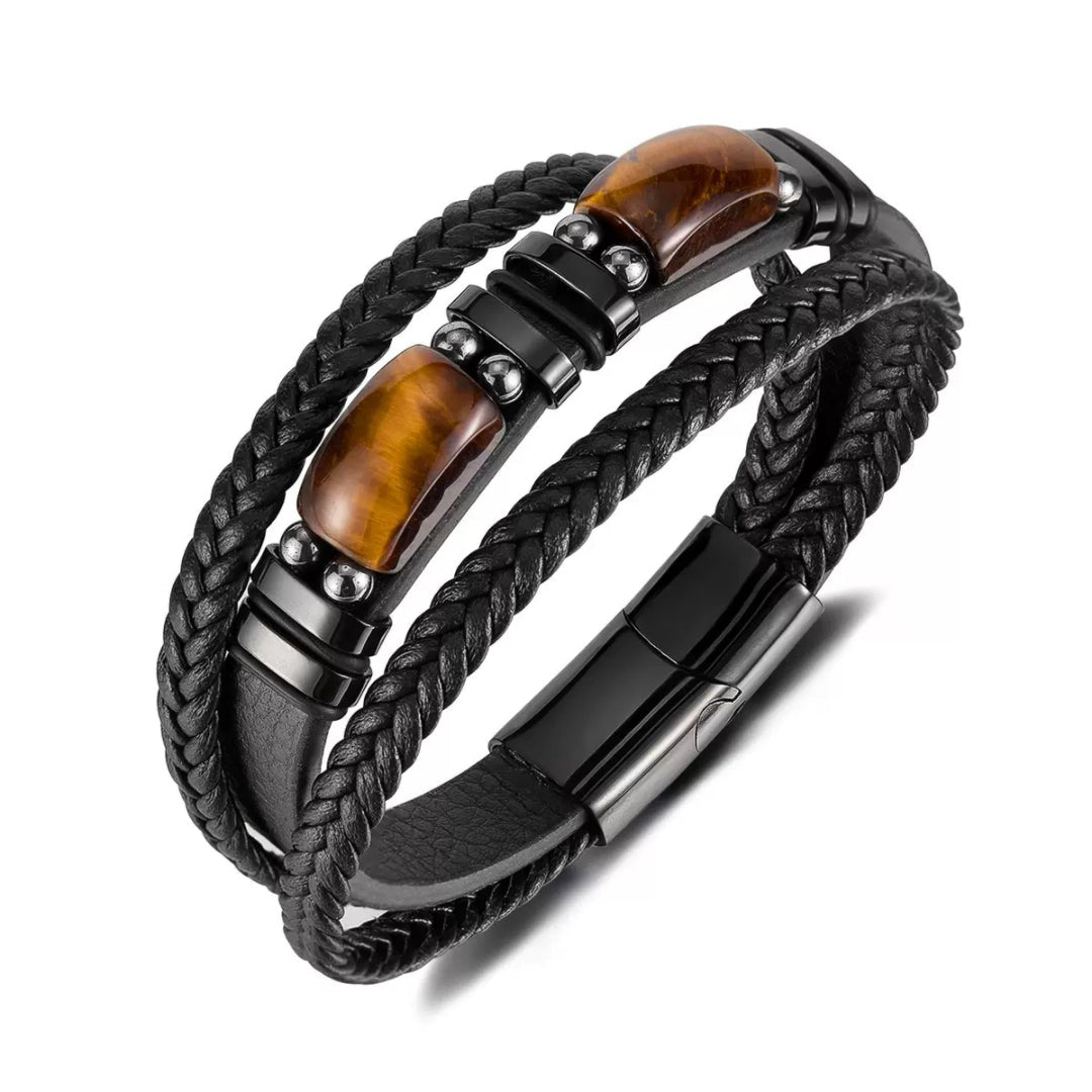 Bracelet Homme Cuir Œil de Tigre et Hématite – Cadeau Protecteur - Biloria