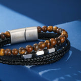 Bracelet Homme Cuir Tressé Œil de Tigre ou Onyx 6 mm - Biloria