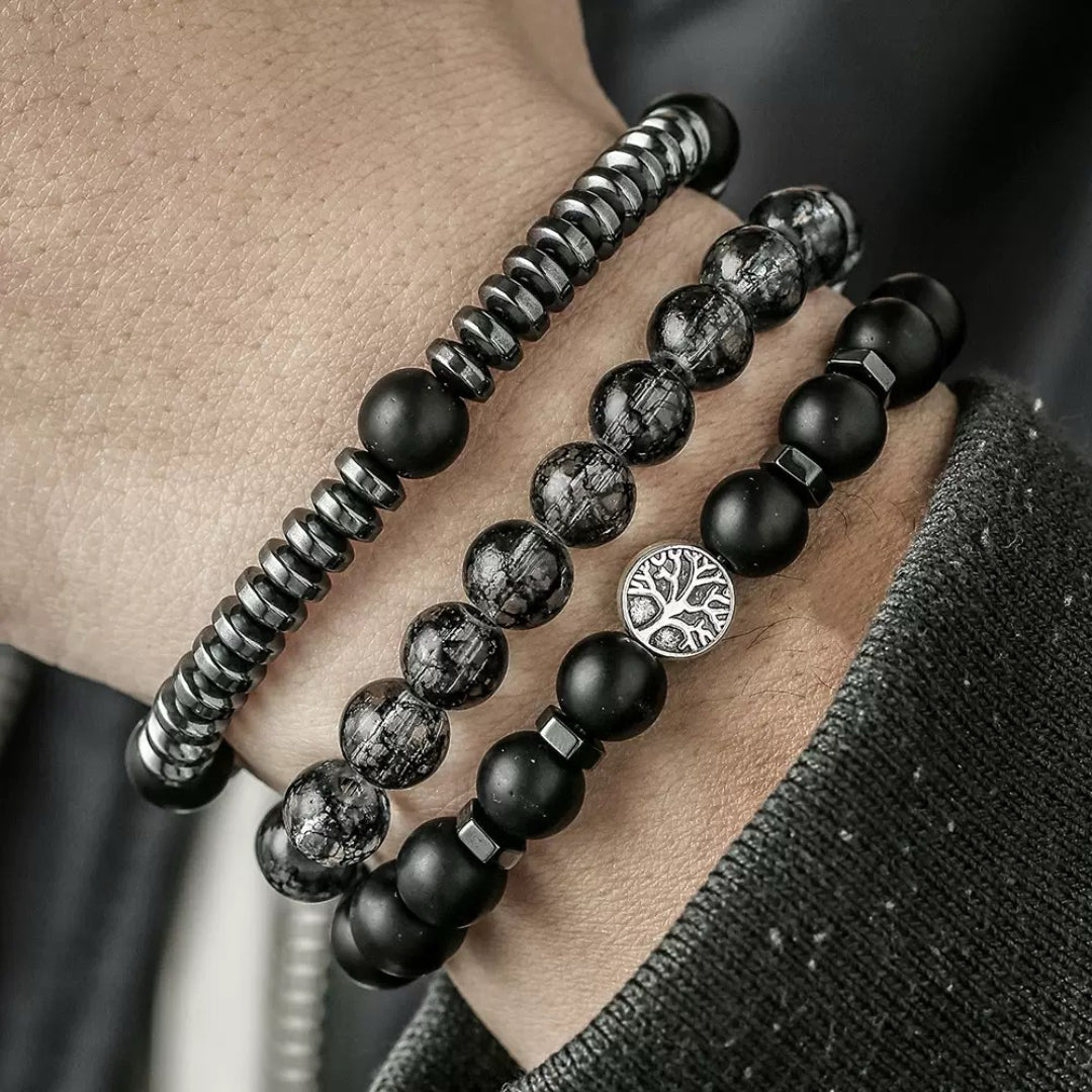 Bracelet Homme Hématite Obsidienne Flocon de Neige Protection Racine - Biloria