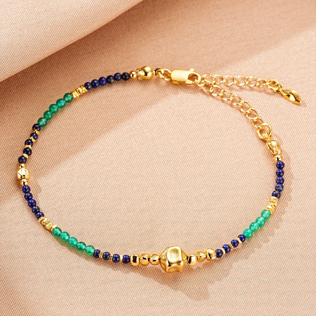 Bracelet Lapis-Lazuli et Jade Vert Main Protectrice Argent Plaqué Or - Biloria