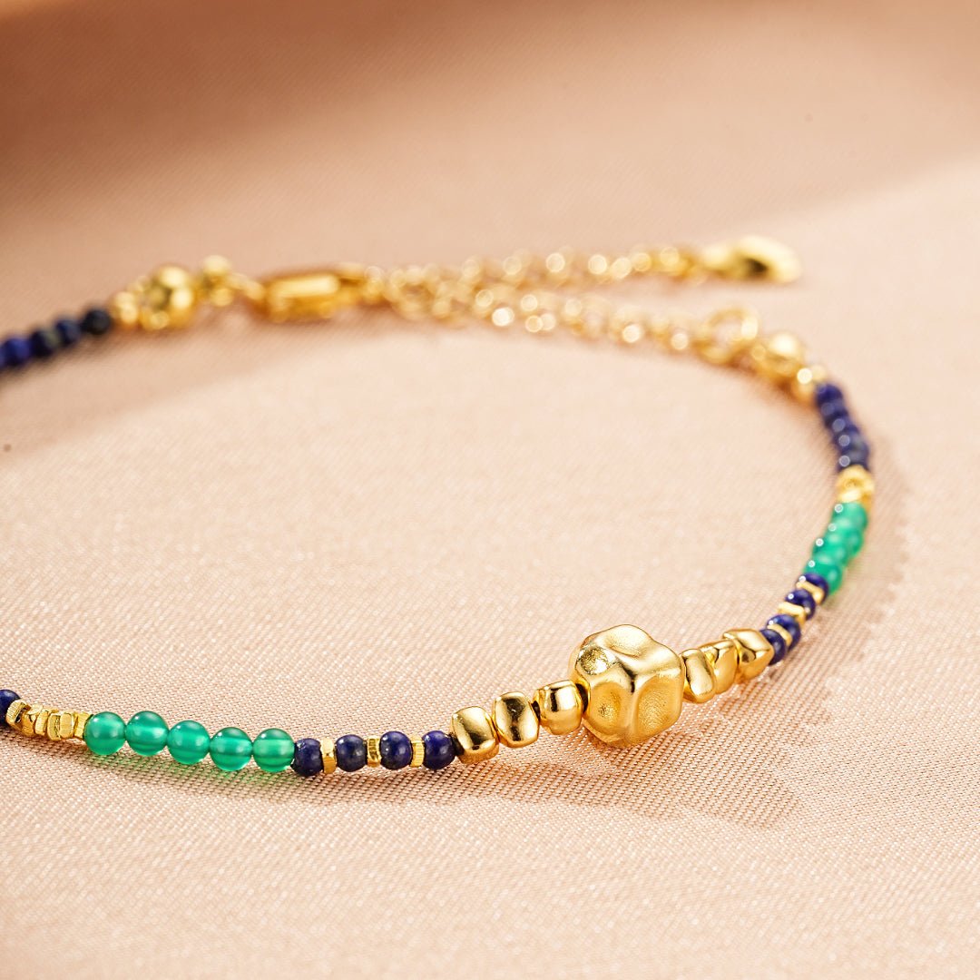 Bracelet Lapis-Lazuli et Jade Vert Main Protectrice Argent Plaqué Or - Biloria