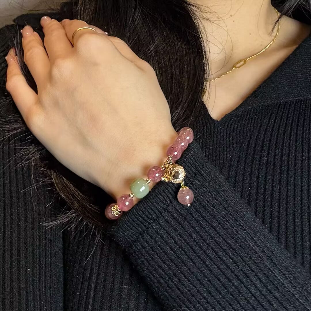 Bracelet Maneki-neko Quartz Fraise, Argent Plaqué Or - Biloria