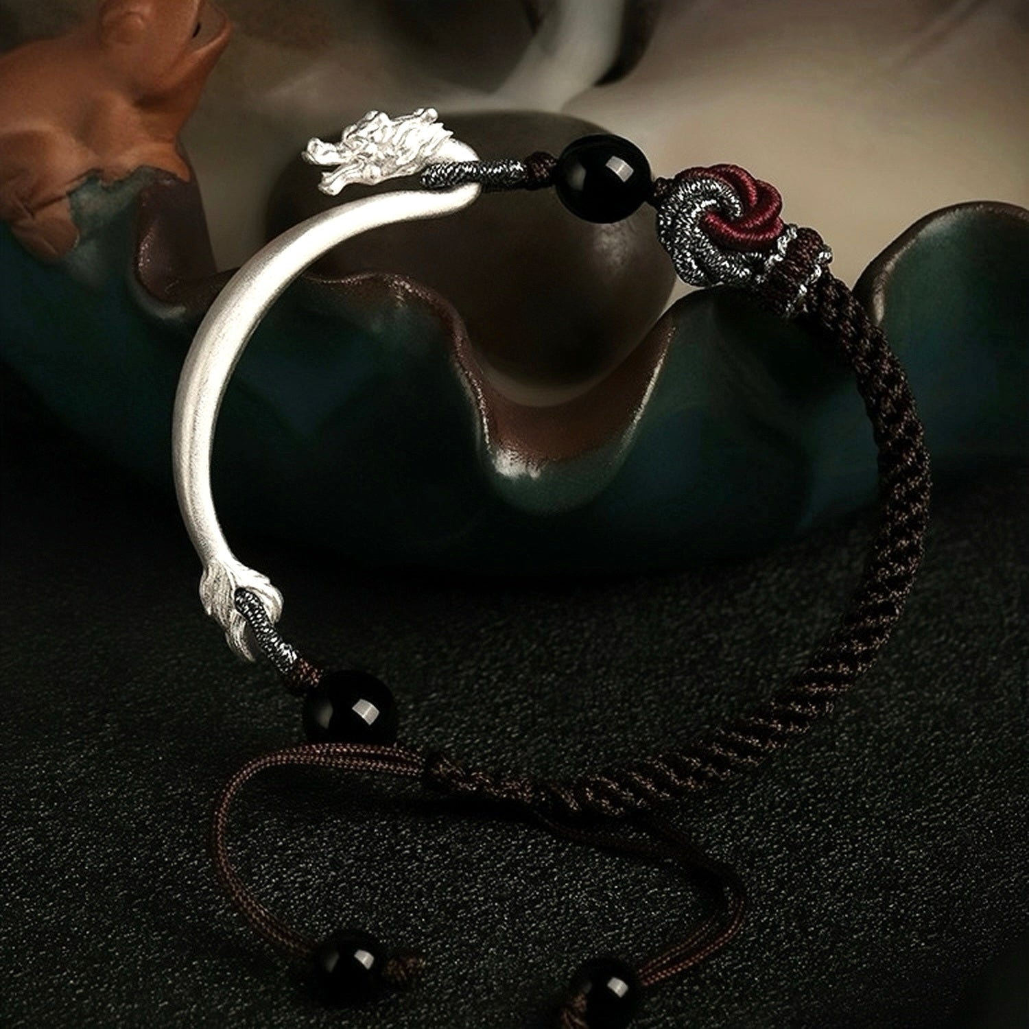 Bracelet Obsidienne Mandala Homme Argent 925 Protection - Biloria
