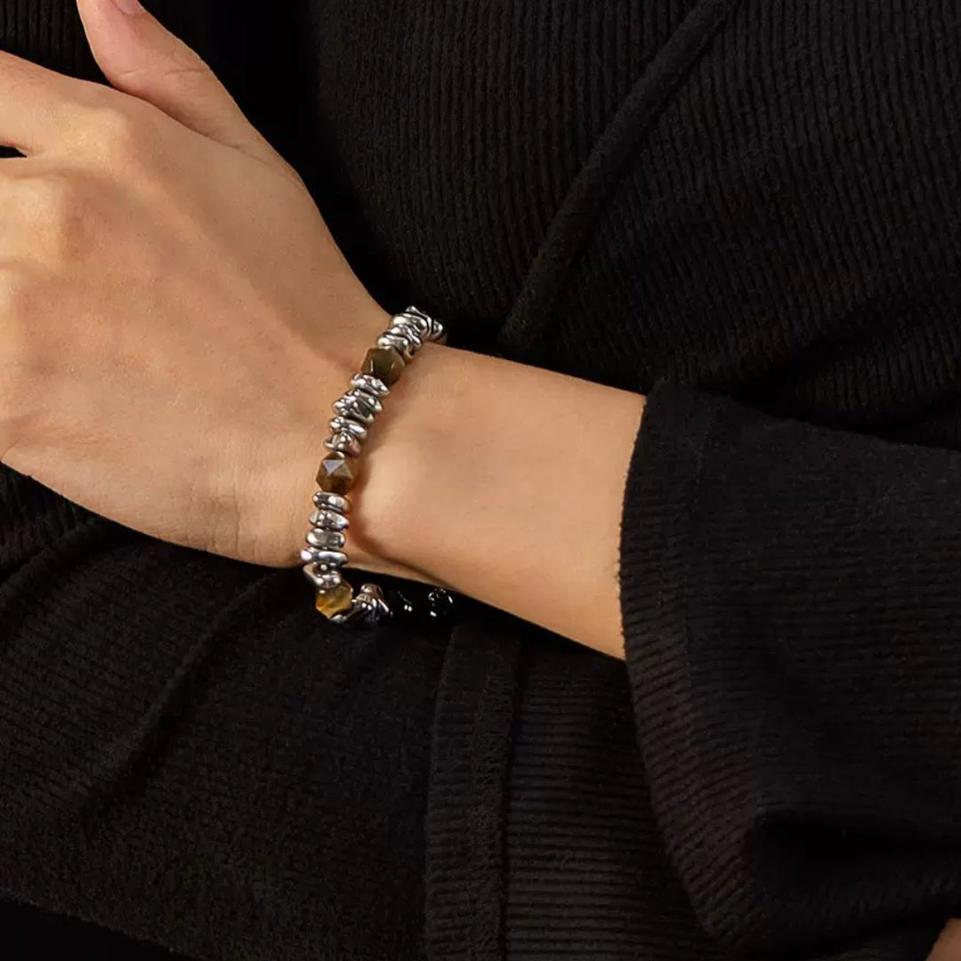 Bracelet Œil de Tigre et Acier Homme - Bijou Géométrique - Biloria