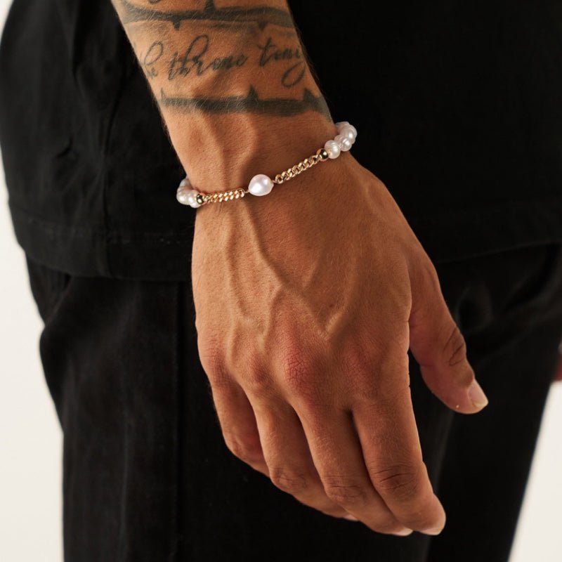 Bracelet Perle Homme Argent Plaqué Or 20,5 cm Cadeau - Biloria