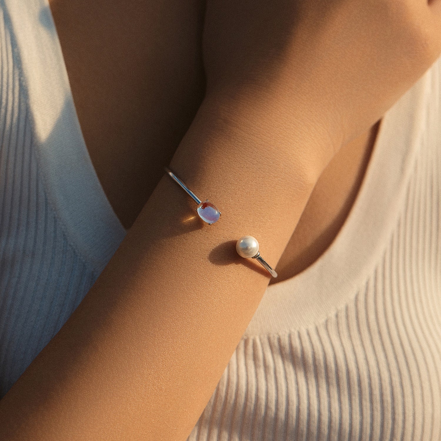 Bracelet Pierre de Lune et Perle Argent S925 Ajustable - Biloria
