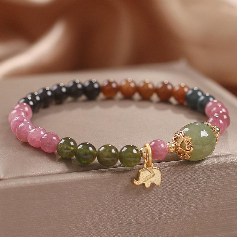 Bracelet Tourmaline Multicolore et Jade avec Éléphant Doré - Biloria