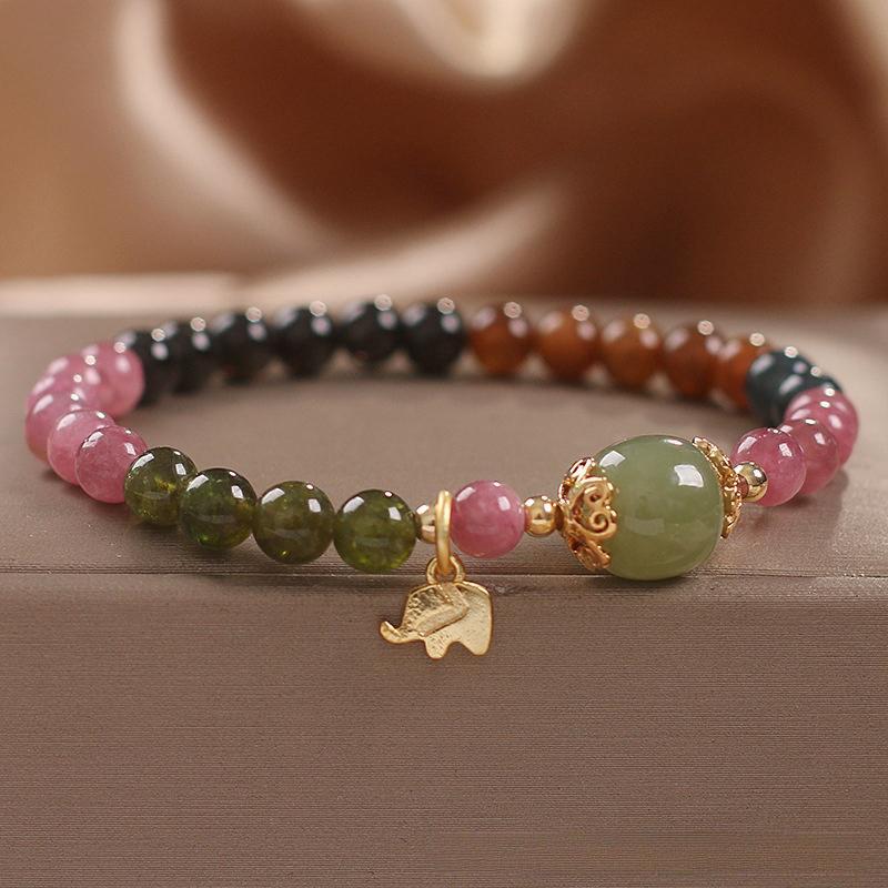 Bracelet Tourmaline Multicolore et Jade avec Éléphant Doré - Biloria