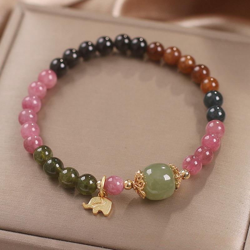 Bracelet Tourmaline Multicolore et Jade avec Éléphant Doré - Biloria