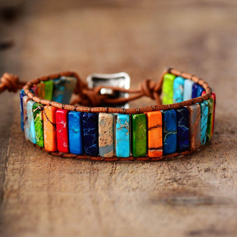 Bracelet Wrap 7 Chakras en Cuir Végétal et Acier Inoxydable - Biloria