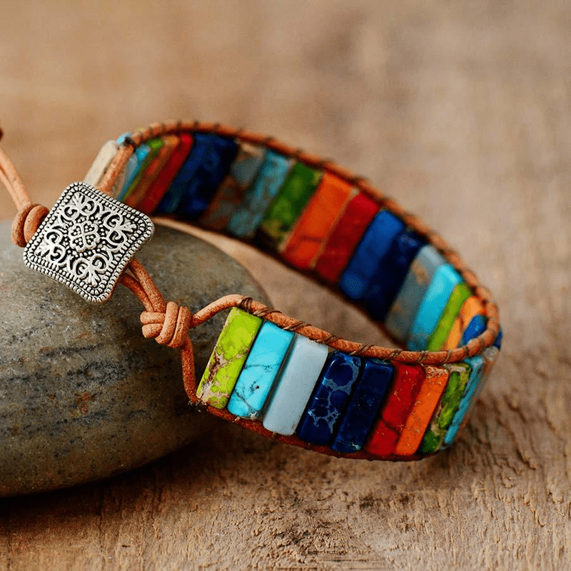 Bracelet Wrap 7 Chakras en Cuir Végétal et Acier Inoxydable - Biloria