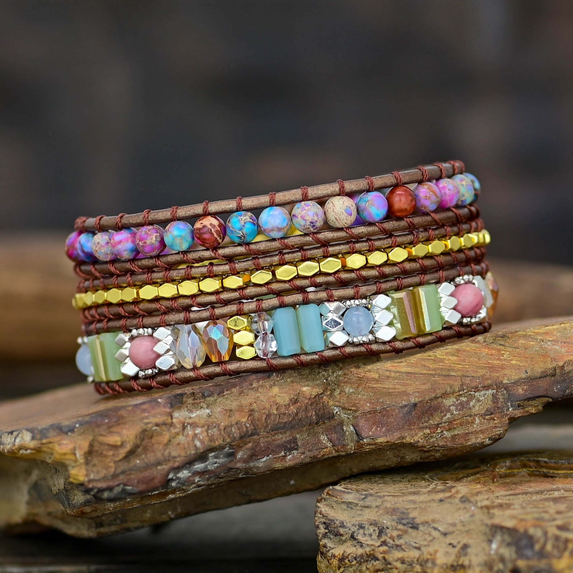 Bracelet Wrap Jaspe Africain Tressé Bohème Chic - Biloria