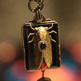 Collier Agate Noir Cigale Laiton Bambou de Mer Vintage - Biloria