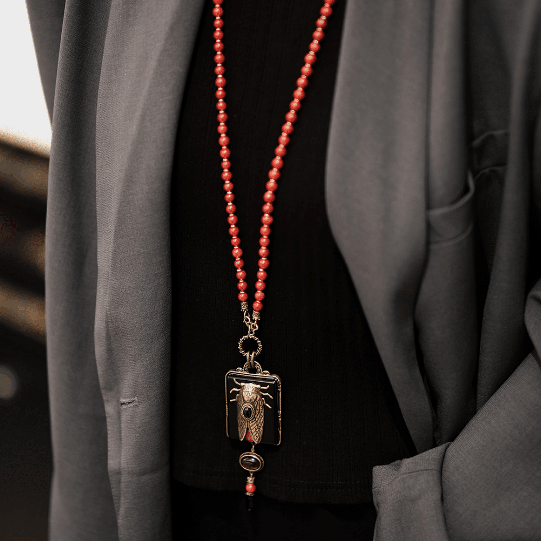 Collier Agate Noir Cigale Laiton Bambou de Mer Vintage - Biloria