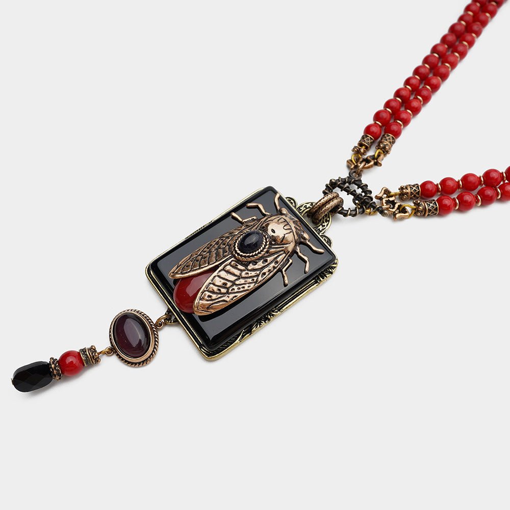 Collier Agate Noir Cigale Laiton Bambou de Mer Vintage - Biloria