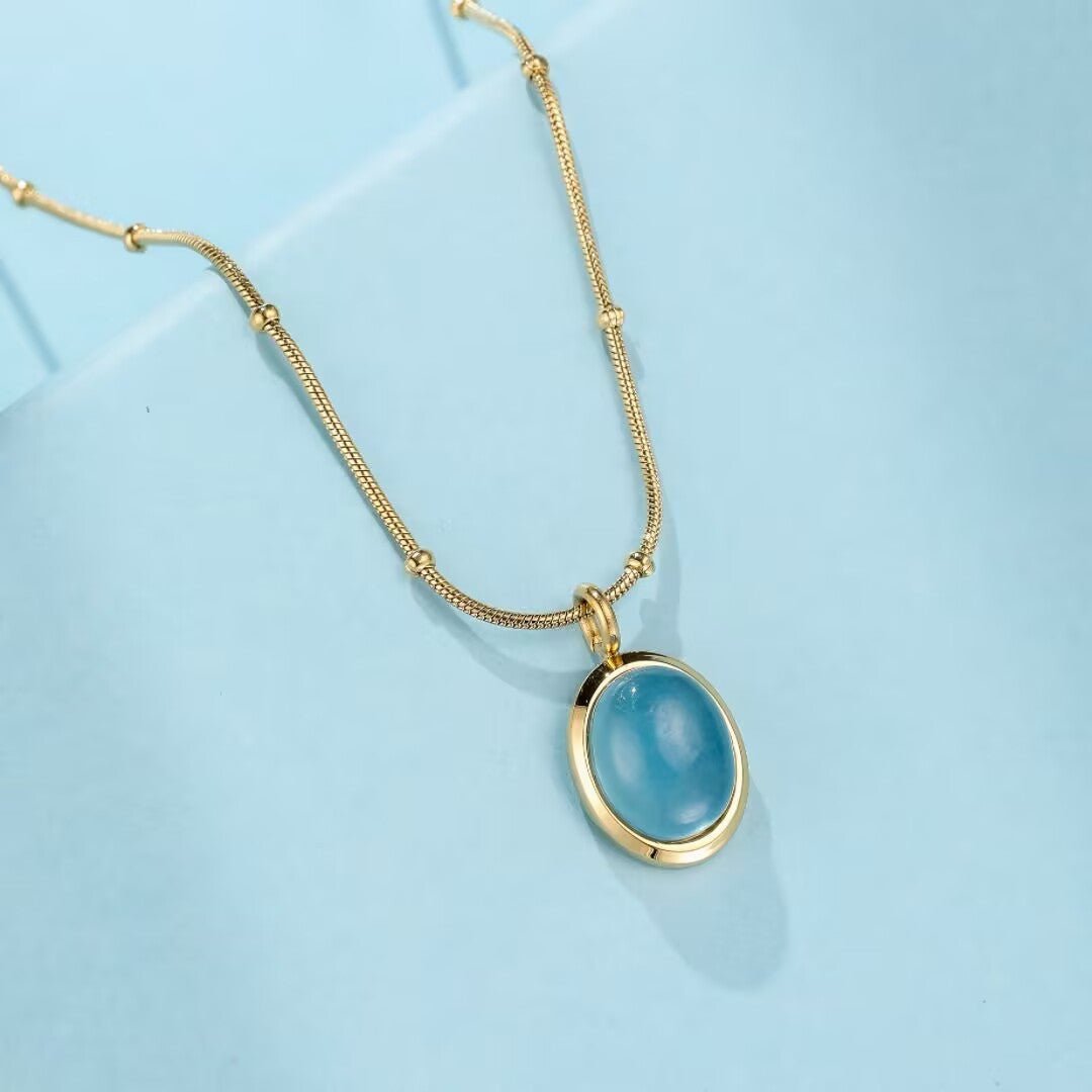 Collier Aigue Marine Acier Titane Plaqué Or 18K - Biloria