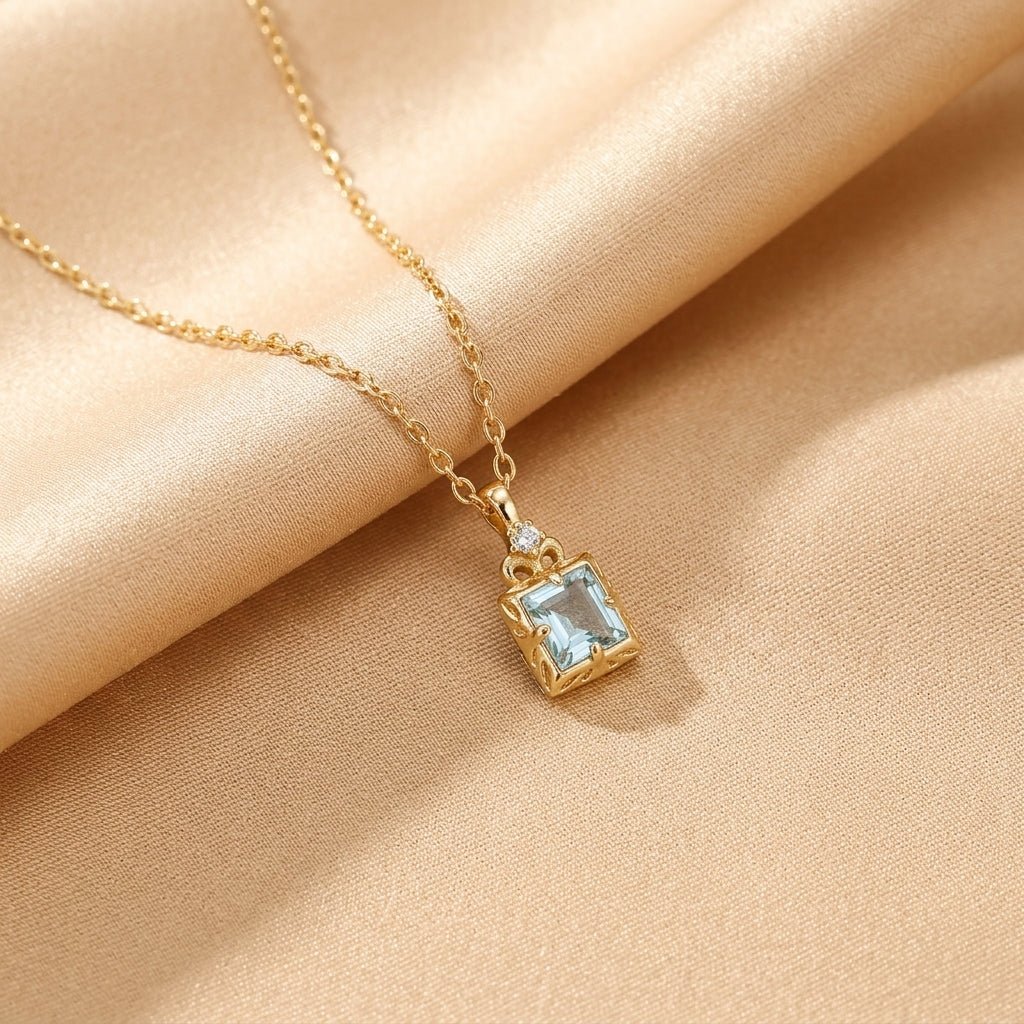 Collier Aigue Marine et Zircon en Argent Plaqué Or – Taille Réglable - Biloria