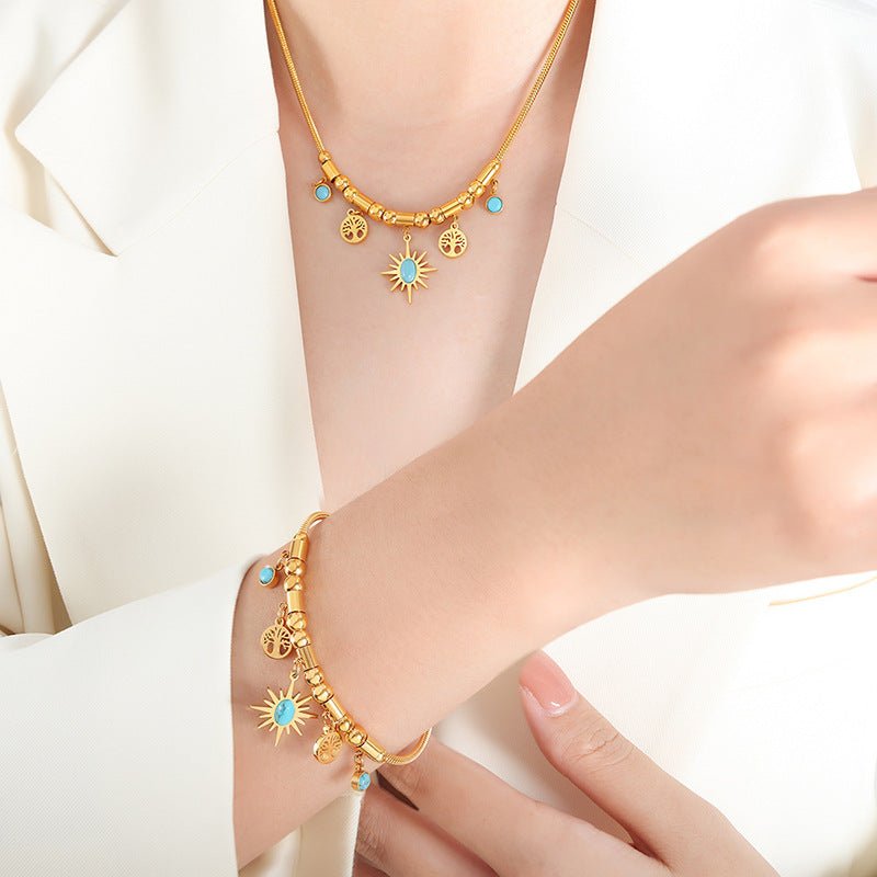 Collier Arbre de Vie Turquoise Acier Titane Doré - Biloria