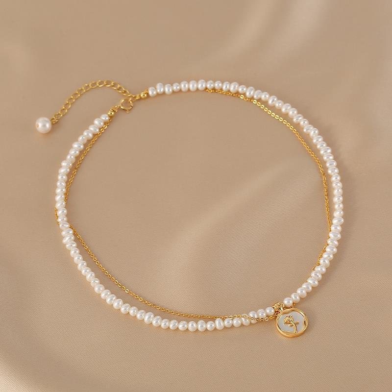 Collier double chaîne Perle d'Eau Douce Rose Argent plaqué Or - Biloria