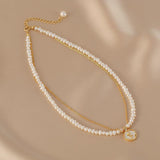 Collier double chaîne Perle d'Eau Douce Rose Argent plaqué Or - Biloria