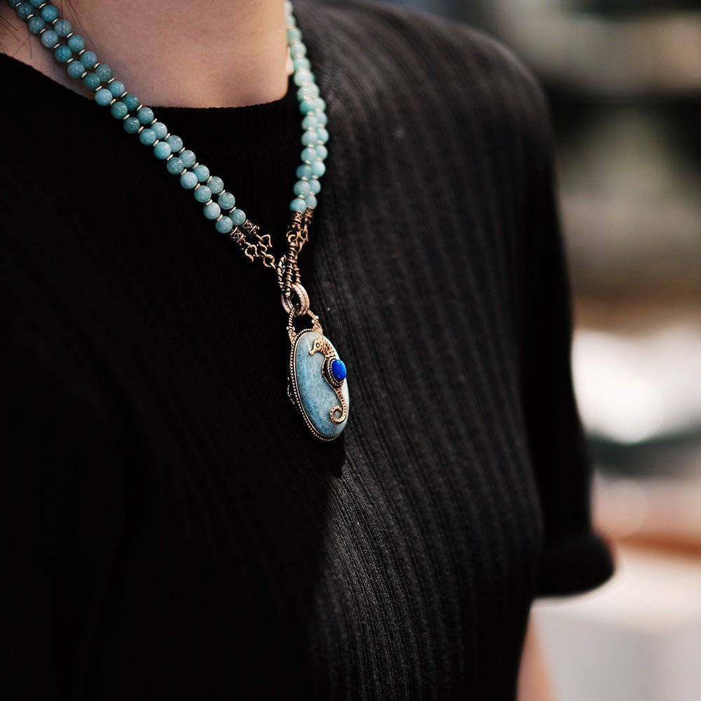 Collier Hippocampe Amazonite Lapis Lazuli Longue Chaîne Réglable - Biloria