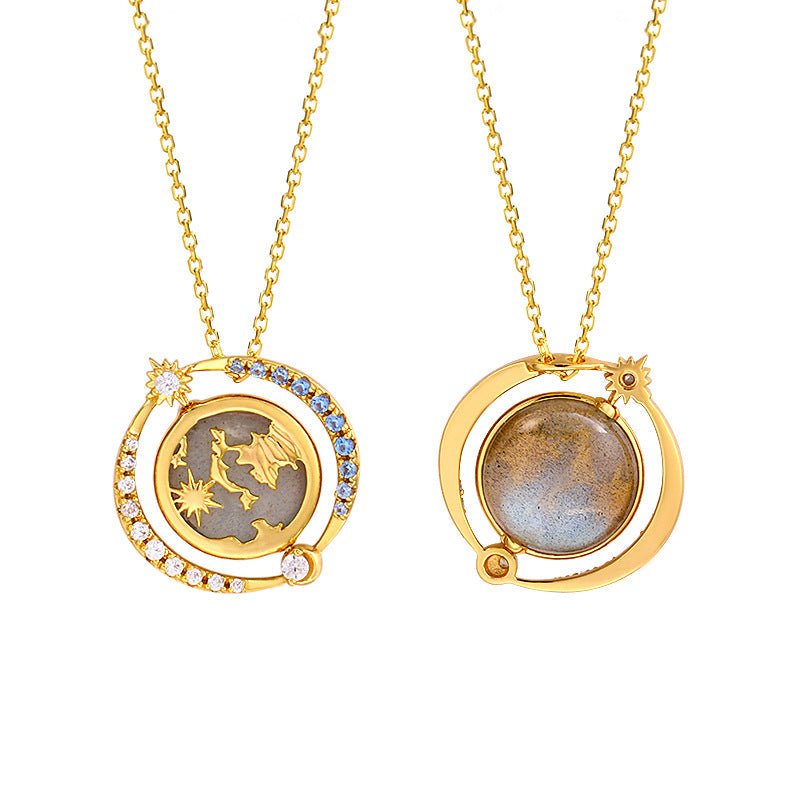 Collier Labradorite avec Pendentif Planète, Argent Plaqué Or 14k - Biloria