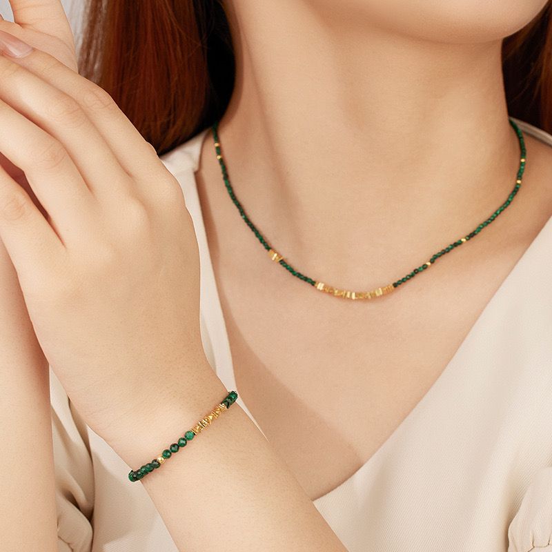 Collier Malachite Vintage Argent Plaqué Or Protection - Biloria