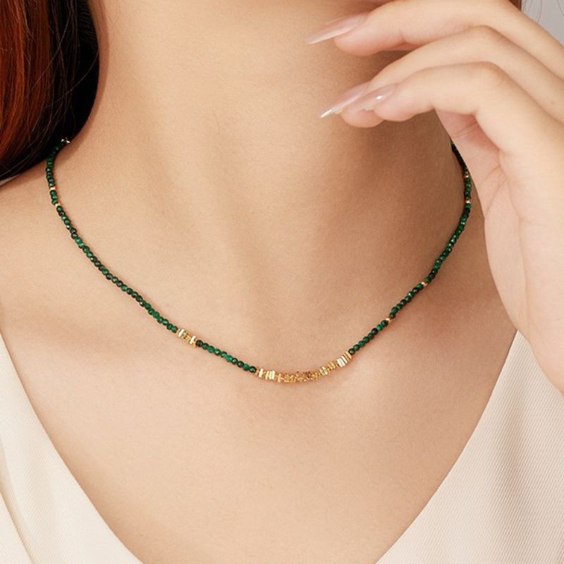 Collier Malachite Vintage Argent Plaqué Or Protection - Biloria