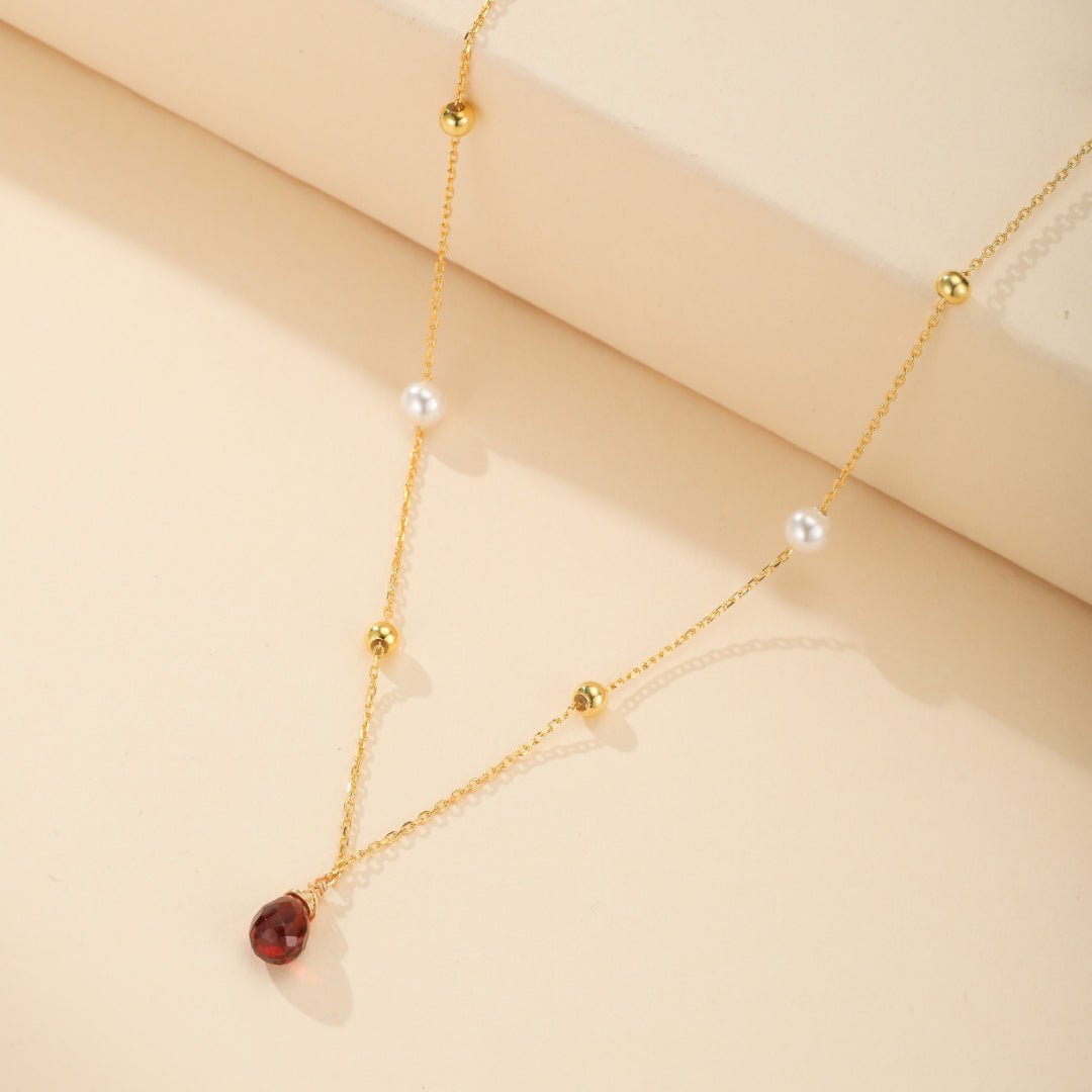 Collier Perles Grenat Argent Plaqué Or 14K - Cadeau Passion - Biloria