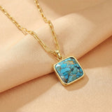 Collier Turquoise Carré Cyan Argent Plaqué Or Feng Shui - Biloria