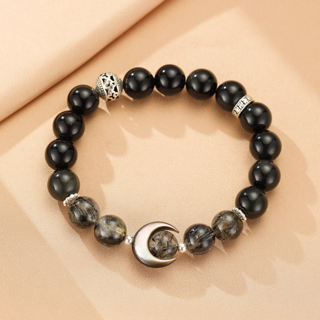 Paire de Bracelets Couple Obsidienne Cristal de Roche Nacre - Biloria